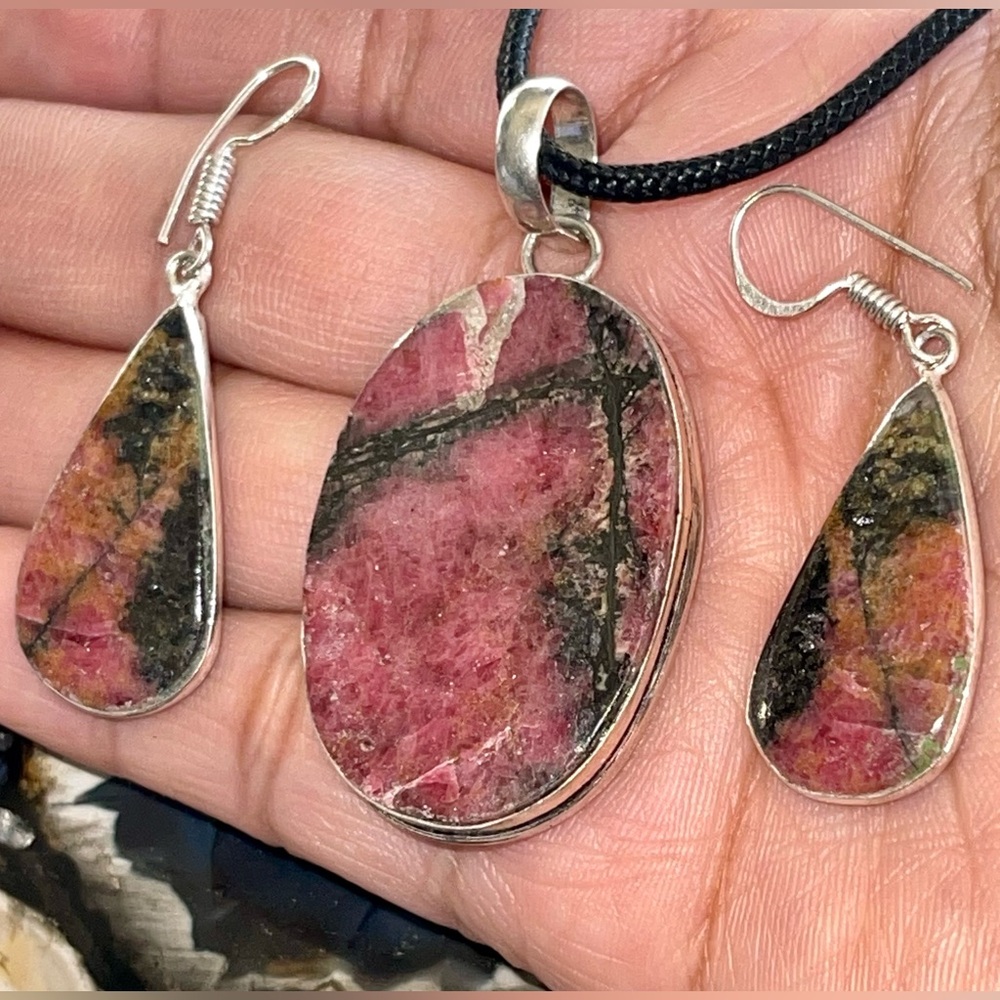 Rhodonite “The First Aid Stone” Earrings & Pendant Set